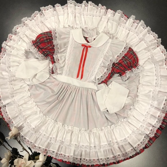 Vintage Golden Age Full Circle Plaid Pinafore Party Dress Ruffles Lace 80s - Picture 10 of 12